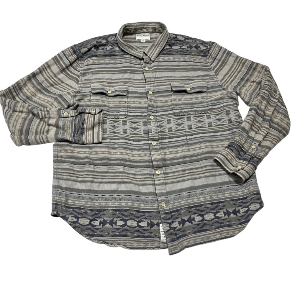Lucky Brand Button Down Shirt Mens XXL Grey Aztec Southwestern Long Sleeve - Picture 2 of 8